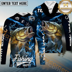 Maxcorners Bass Fishing Blue Smoke Sun Protection Personalized Name,Team Name 3D Long Sleeve Shirt