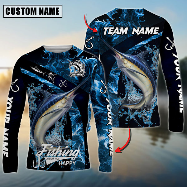 Maxcorners Marlin Fishing Blue Smoke Sun Protection Personalized Name, Team Name 3D Long Sleeve Shirt