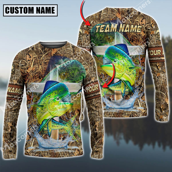 Maxcorners Mahi-Mahi Fishing Camo Cross Sun Protection Personalized Name,Team Name 3D Long Sleeve Shirt