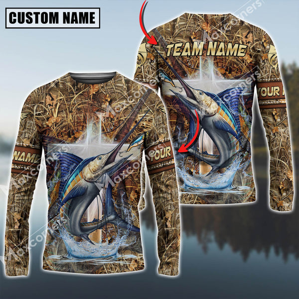 Maxcorners Marlin Fishing Camo Cross Sun Protection Personalized Name,Team Name 3D Long Sleeve Shirt