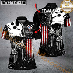 Maxcorners Skull American Flag Bowling Jersey Customized Name, Team Name 3D Women Polo Shirt
