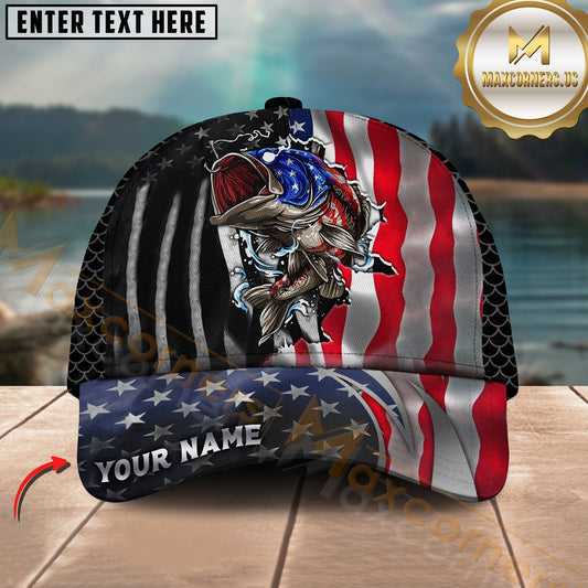 Maxcorners Bass Fishing American Flag Breakthrough Design Customized Name 3D Cap