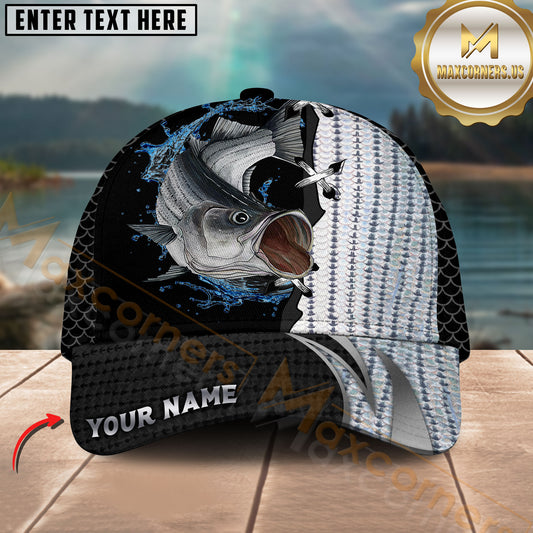 Maxcorners Striped Bass Fishing Monochrome Splash Design Customized Name 3D Cap