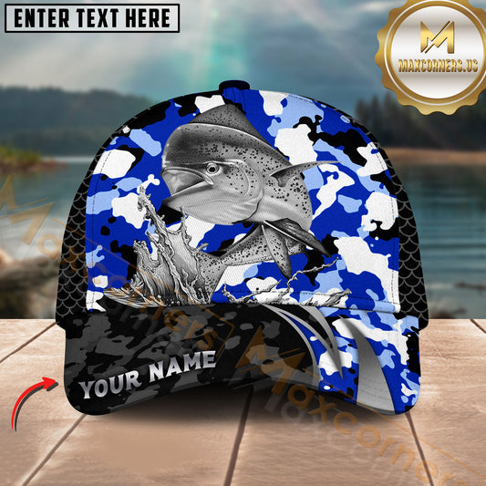 Maxcorners Fishing Jumping Splash Blue Camo Design Customized Name 3D Cap (6 Breeds)