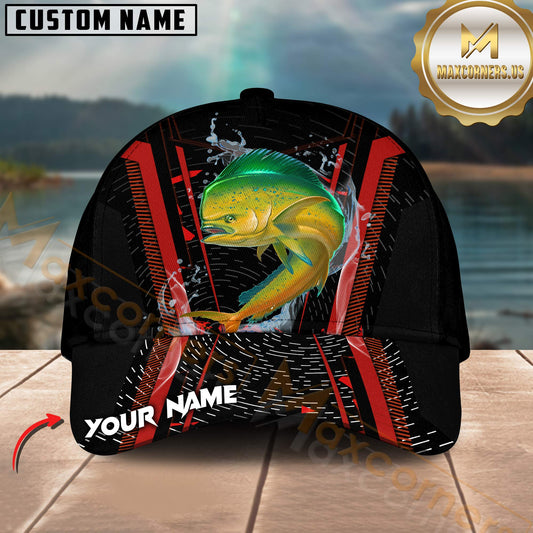 Maxcorners Fishing Jumping Splash Action Red Black Tech Design Customized Name 3D Cap (6 Breeds)