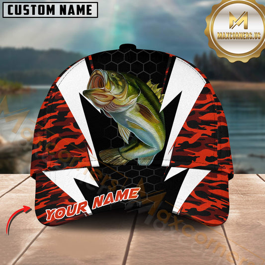 Maxcorners Bass Fishing Sport Lightning Red Camouflage Design Customized Name 3D Cap