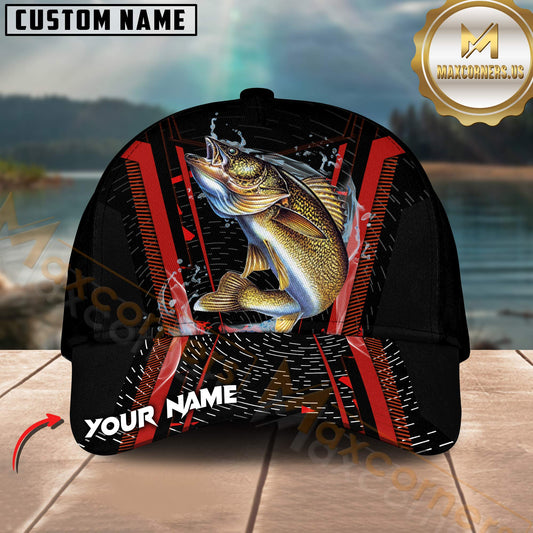 Maxcorners Fishing Jumping Splash Action Red Black Tech Design Customized Name 3D Cap (6 Breeds)