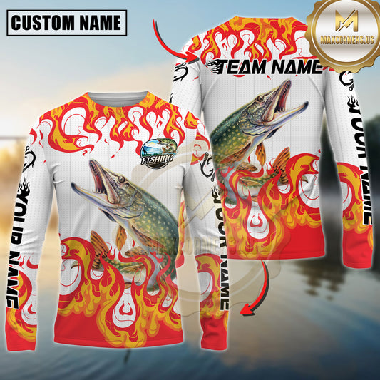 Maxcorners Burning Fishing Team Personalized Name, Team Name 3D Long Sleeve Shirt (Large Mouth Bass, Walleye, Trout, Crappie, Catfish, Pike