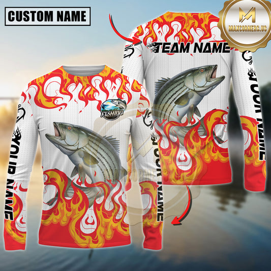 Maxcorners Burning Fishing Team Personalized Name, Team Name 3D Long Sleeve Shirt (Mahi-mahi, Tuna, Chinook, Marlin, Striped Bass, Salmon)