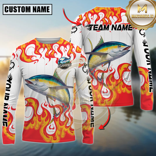 Maxcorners Burning Fishing Team Personalized Name, Team Name 3D Long Sleeve Shirt (Mahi-mahi, Tuna, Chinook, Marlin, Striped Bass, Salmon)