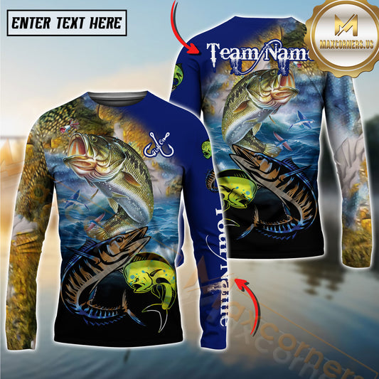 Maxcorners Ocean & Lake Fishing Personalized Name, Team Name 3D Long Sleeve Shirt (Large Mouth Bass, Walleye, Trout, Crappie, Catfish, Pike
