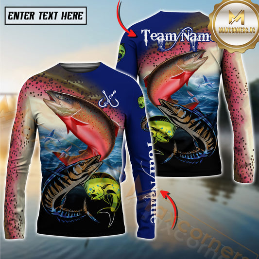 Maxcorners Ocean & Lake Fishing Personalized Name, Team Name 3D Long Sleeve Shirt (Mahi-mahi,Redfish , Marlin, Striped Bass, Salmon)