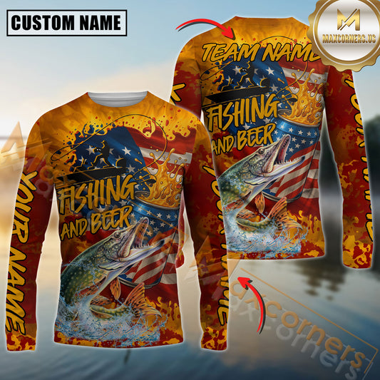 Maxcorners Pike Fishing Beer Bottles & American Flag Design Sun Protection Personalized Name, Team Name 3D Long Sleeve Shirt