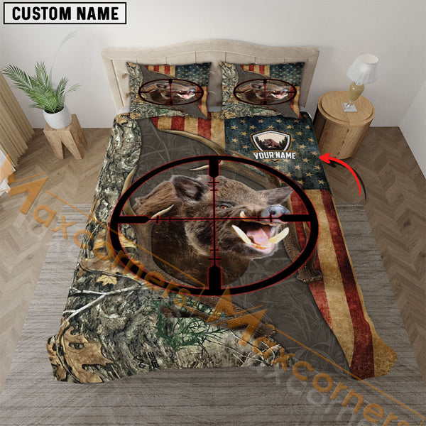 Maxcorners Custom Text Boar Hunting Brown Camo Bedding Set 3D All Over Printed