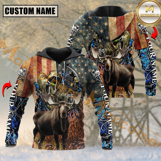 Maxcorners USA Flag Hunter Moose Hunting Mutilcolor Custom Name Shirt 3D All Over Printed Clothes (4 Colors)