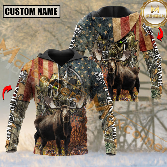 Maxcorners USA Flag Hunter Moose Hunting Mutilcolor Custom Name Shirt 3D All Over Printed Clothes (4 Colors)