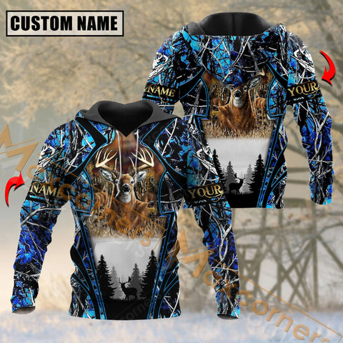 Maxcorners Deer Hunting Blue Camouflage Pattern Custom Name Shirt 3D All Over Printed Clothes