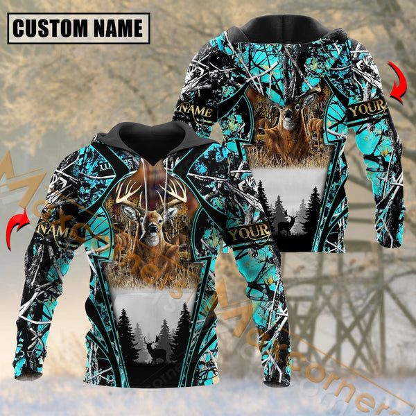 Maxcorners Deer Hunting Cyan Camouflage Pattern Custom Name Shirt 3D All Over Printed Clothes