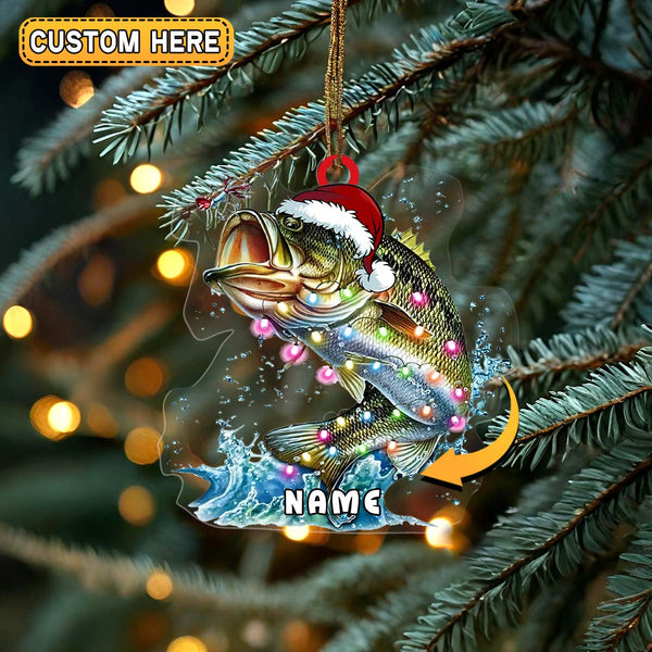Maxcorners Personalized Bass Fishing with Santa Hat and Lights Christmas 3D Ornament, Custom Holiday Tree Decor, Perfect Gift for Fishermen