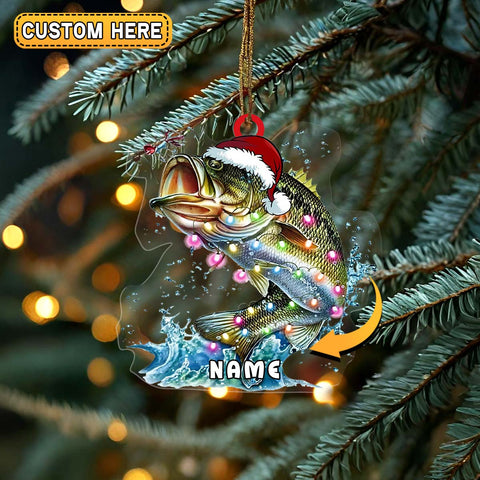Maxcorners Personalized Bass Fishing with Santa Hat and Lights Christmas 3D Ornament, Custom Holiday Tree Decor, Perfect Gift for Fishermen