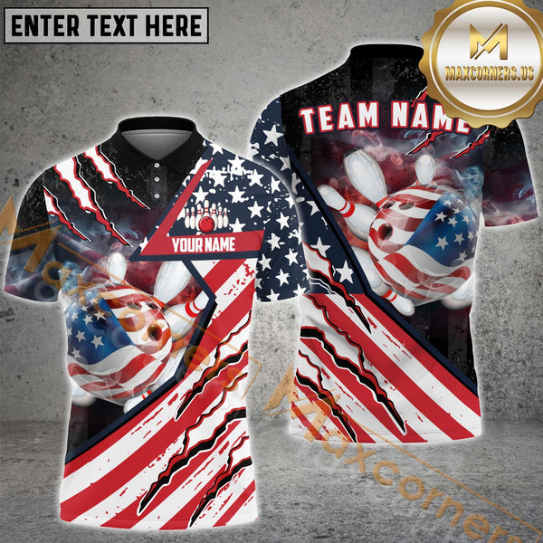 Maxcorners US Flag Bowling Jersey Customized Name, Team Name 3D Polo Shirt