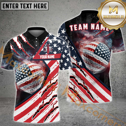 Maxcorners US Flag Golf Jersey Customized Name, Team Name 3D Polo Shirt