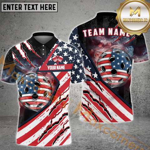 Maxcorners US Flag Pickleball Jersey Customized Name, Team Name 3D Polo Shirt