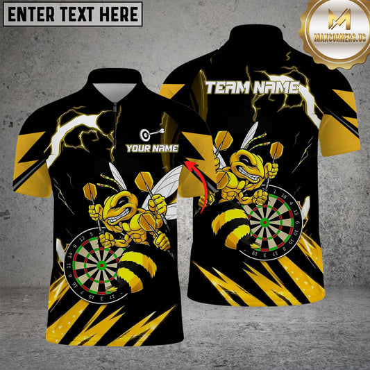 Maxcorners Personalized Name Dart Polo Shirt, Yellow Hornet Power With Thunder Dartboard Design ,Custom Team Shirt for Men, Gift for Darts Players