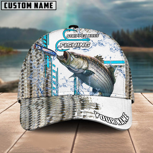 Maxcorners Stripped Bass Fishing Skinfish Pattern Water Sport Jersey Multicolor Personalized Name 3D Cap