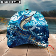 Maxcorners Marlin Fishing Sea Water Pattern Jersey Multicolor Personalized Name 3D Cap