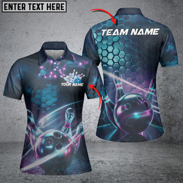 Maxcorners Custom Hexagon Holographic Bowling Team Men Polo Shirts, Galaxy Bowling League Shirt For Women