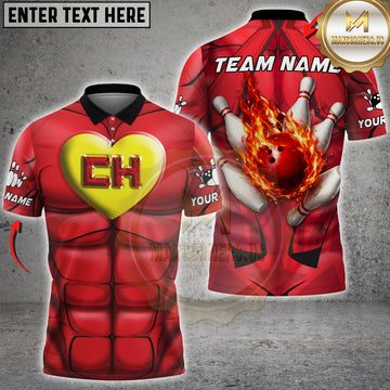 Maxcorners Bowling Red Muscle Heart Logo Flaming Bowling Ball Personalized Name 3D Unisex Shirt
