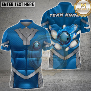 Maxcorners Bowling Blue Muscle Armor Bowling Pins Personalized Name 3D Unisex Shirt