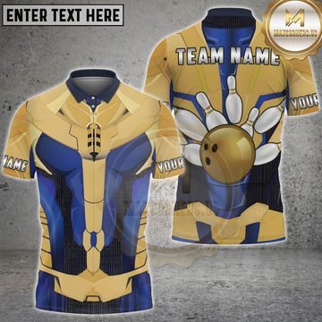 Maxcorners Bowling Gold Blue Armor Bowling Pins Personalized Name 3D Unisex Shirt 7