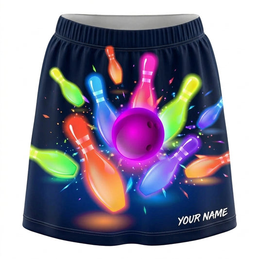 Maxcorners Bowling Neon Colorful Ball And Pins Personalized 3D Skirts With Shorts