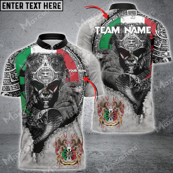 MaxCorners Darts Aztec Warrior Style Mexico Flag Customized Name 3D Polo Shirt