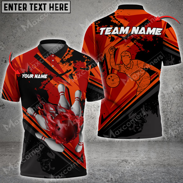 Maxcorners Bowling & Pins Flame Multicolor Option Customized Name, Team Name 3D Polo Shirt (4 Colors)