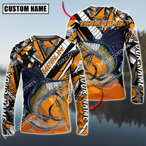 Maxcorners Marlin Fishing Angry Halloween Pattern Sport Jersey Sun Protection Personalized Name, Team Name Long Sleeve Shirt