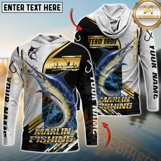 Maxcorners Marlin Fishing Hook Graphic & Jumping Fish Art  Personalized Name, Team Name 3D Long Sleeve Shirt