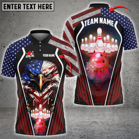 Maxcorners Bowling & Pins Eagle American Flag Customized Name And Team Name 3D Polo Shirt