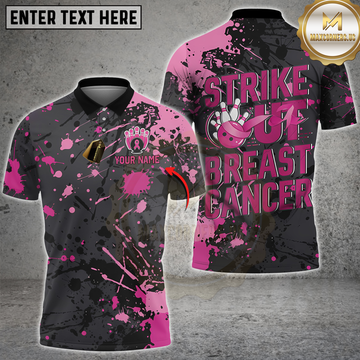 Maxcorners Black And Pin Strike Out Breast Cancer Pink Ribbon Custom Breast Cancer Bowling Shirt For Men LM1610