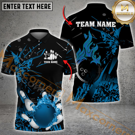 Maxcorners Flaming Bowling Ball Multicolor Option Customized Name, Team Name 3D Polo Shirt