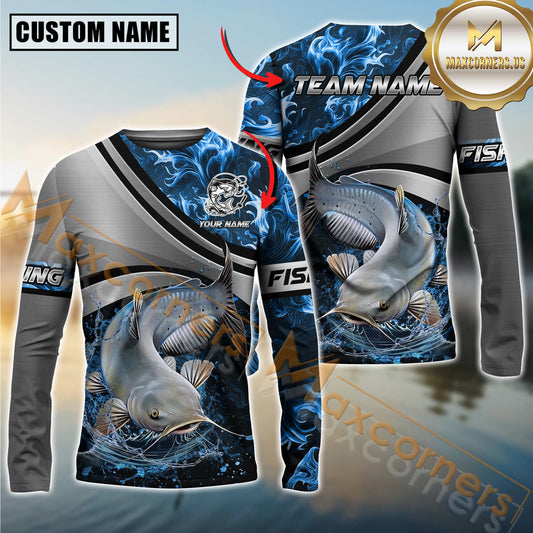 Maxcorners Fishing Grey Diagonal Stripe & Blue Flame Water Splash Personalized Name, Team Name 3D Long Sleeve Shirt (Large Mouth Bass, Walleye, Trout, Crappie, Catfish, Pike)