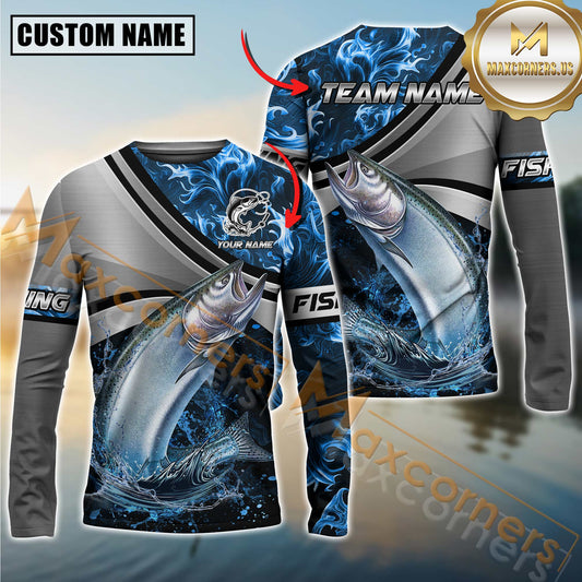 Maxcorners Fishing Grey Diagonal Stripe & Blue Flame Water Splash Personalized Name, Team Name 3D Long Sleeve Shirt (Mahi-mahi, Tuna, Chinook, Marlin, Striped Bass, Salmon)