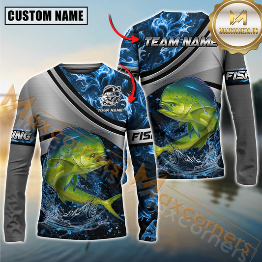 Maxcorners Fishing Grey Diagonal Stripe & Blue Flame Water Splash Personalized Name, Team Name 3D Long Sleeve Shirt (Mahi-mahi, Tuna, Chinook, Marlin, Striped Bass, Salmon)