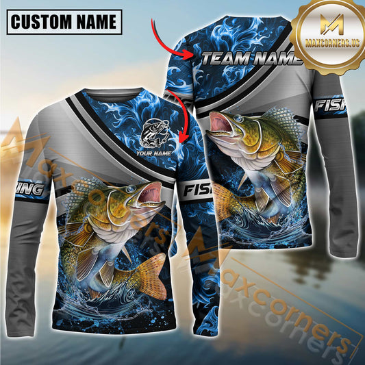 Maxcorners Fishing Grey Diagonal Stripe & Blue Flame Water Splash Personalized Name, Team Name 3D Long Sleeve Shirt (Large Mouth Bass, Walleye, Trout, Crappie, Catfish, Pike)
