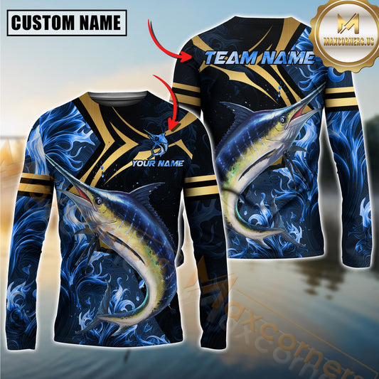 Maxcorners Fishing Blue Ocean Wave & Gold Geometric Personalized Name, Team Name 3D Long Sleeve Shirt (Mahi-mahi, Tuna, Chinook, Marlin, Striped Bass, Salmon)