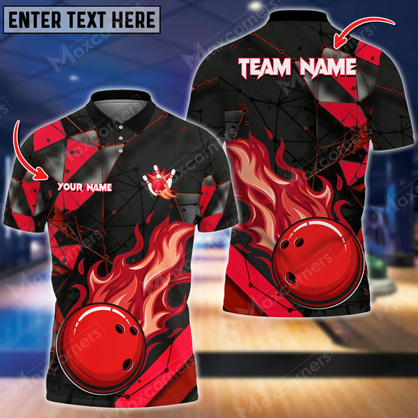 Maxcorners Bowling & Pins Flame Multicolor Option Customized Name, Team Name 3D Polo Shirt (4 Colors)