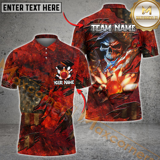 Maxcorners Skull American Flag Bowling Jersey Multicolor Option Customized Name, Team Name 3D Polo Shirt