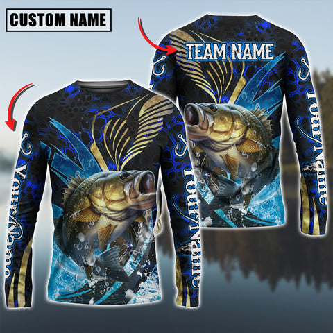 Maxcorners Bass Fishing Tailored Tides Pattern Personalized Name, Team Name 3D Long Sleeve Shirt